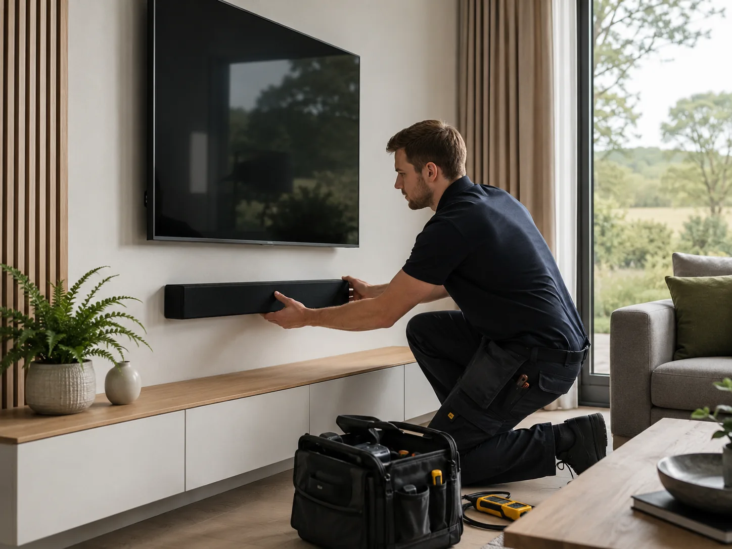 Installer fitting a soundbar below a wall-mounted TV